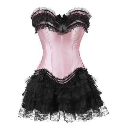 Gothic Corset Tutu Skirt Set Sexy Satin Lace Trim Overbust Corselet Top Women Burlesque Lingerie Bustier Victorian Party Costume