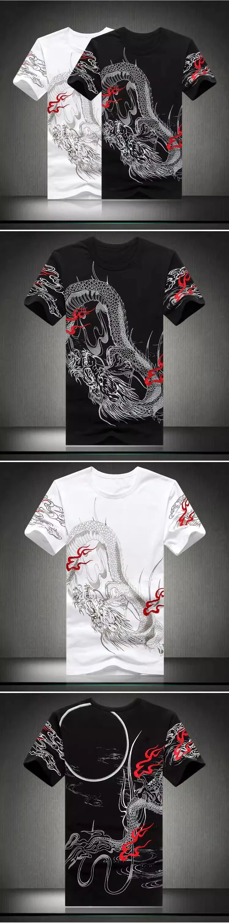 Embroidery Dragon Pattern T Shirt For Men Short Sleeve Slim Fit Summer Top Quality Cotton Casual Luxury Tees Camisetas De Hombre