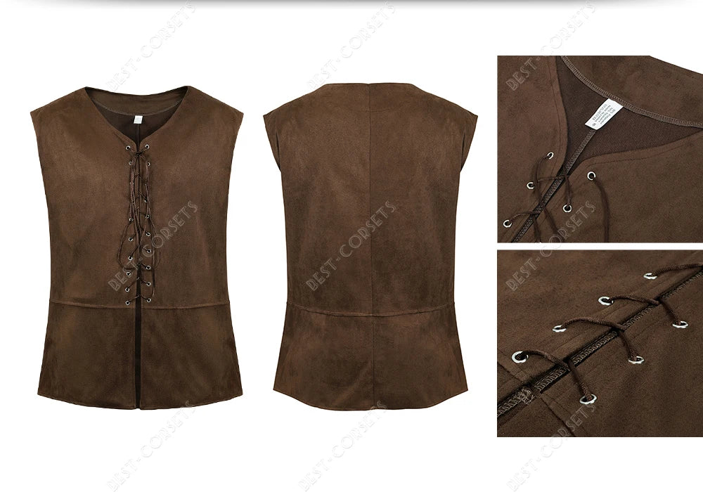 Medieval Vest Men Costume Renaissance Vest Steampunk Lace-Up Pirate Vest Plus Size Gothic Waistcoat Brown