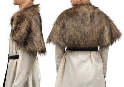 DAZCOS Medieval Faux Fur Wrap Collar Shawl Winter Shrug Cosplay Costume with Belt Viking Faux Fur Cape Shawl with Leather Straps