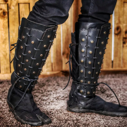 Halloween Viking Pirate Cosplay Greaves Boots Medieval Steampunk Warrior Legging Shoes Rivets Pu Kneepads Adjustable Shoe Covers