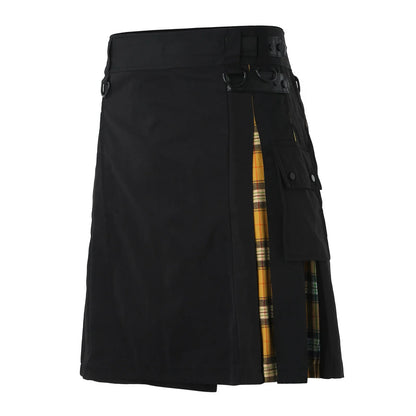 Men'S Fashion Scottish Retro Kilt Cosplay Pleated Casual Scottish Style Plaid Contrast Highland Pocket Traditional Utility Skirt