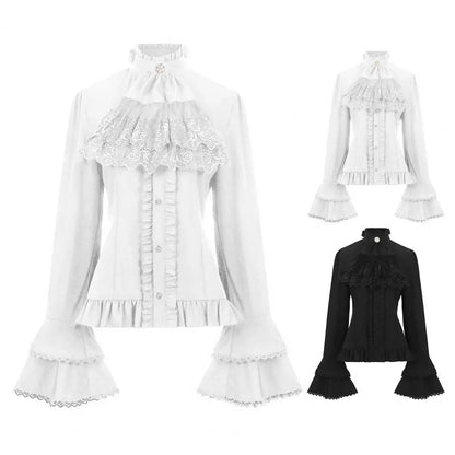 Gothic Retro Long Sleeve Shirt Long Sleeved Lace Ruffled Bow Neckline Lolita White Shirt Top Victorian Button Top Office Shirt