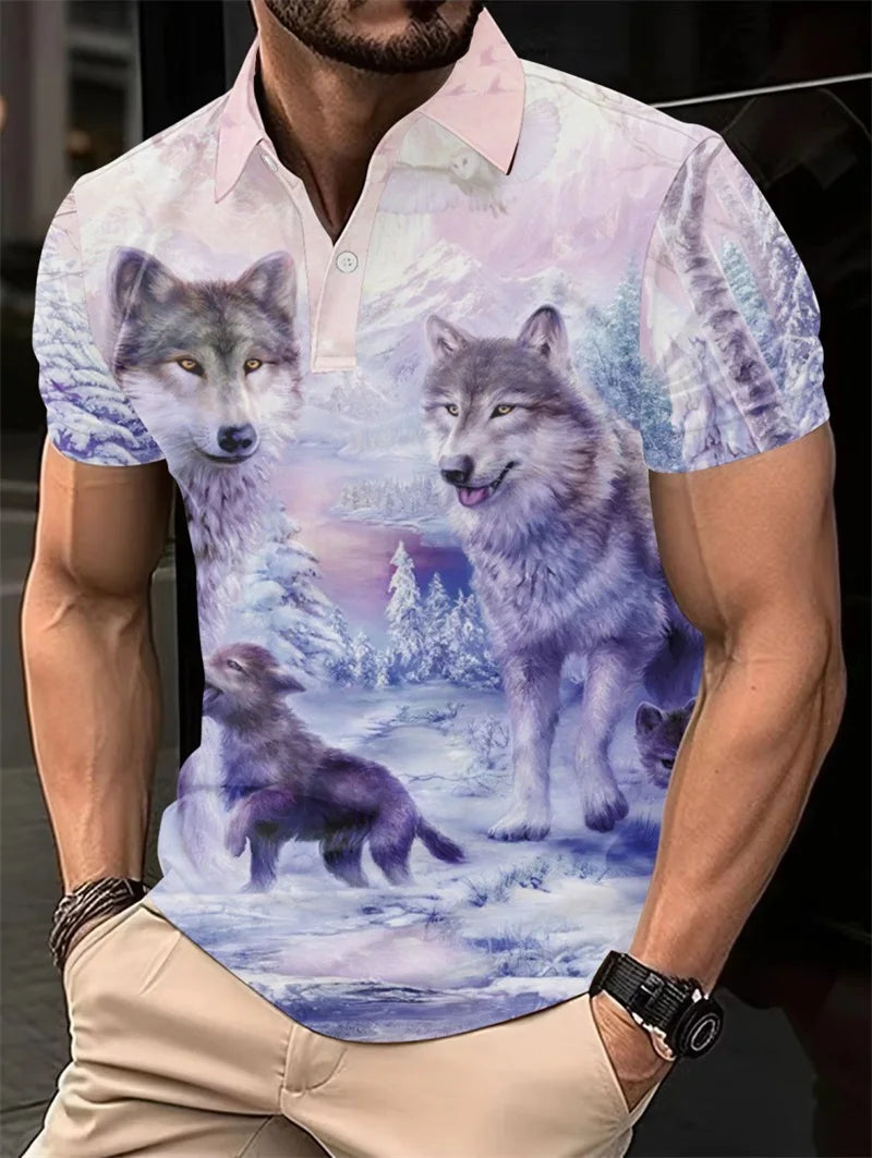 Plus Size Summer Golf Men's Casual Lapel Polo Shirt 3d Wolf Print T-shirt Fashion Clothing Breathable Short Sleeve Top