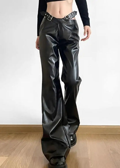 Faux Leather Flared Pants For Women Y2K Streetwear Goth Buckle Belt Leather Trouesrs