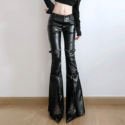 American Spice Girl PU Leather Flare Pant Goth Buckle Lace Patchwork Pants Women Fashion Vintage Aesthetics Slim Leather Pants