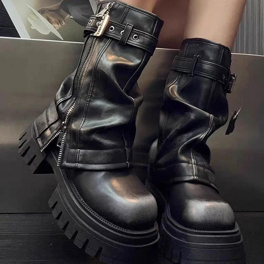 2024 Punk Platform Fold Ankle Boots for Women Belt Buckle Cool Combat Booties Goth Street Shoes For Women