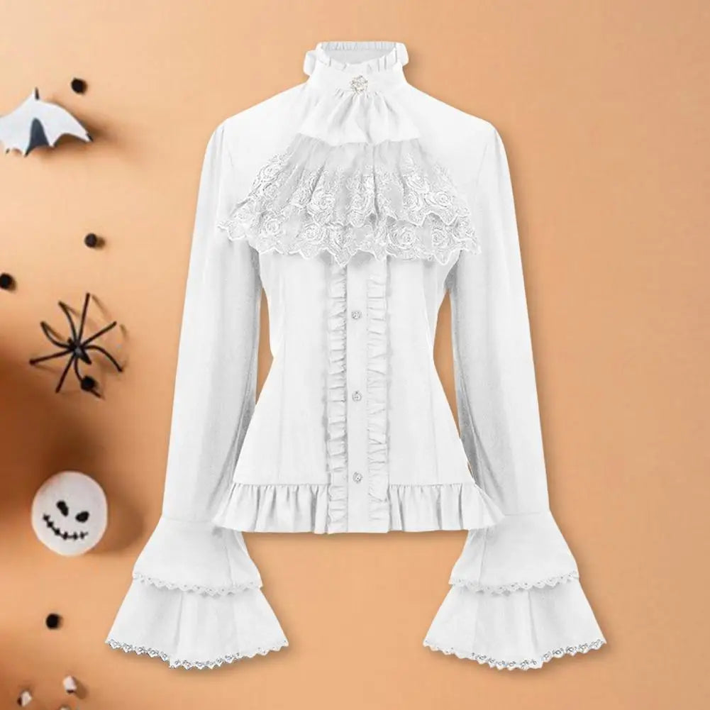 Gothic Retro Long Sleeve Shirt Long Sleeved Lace Ruffled Bow Neckline Lolita White Shirt Top Victorian Button Top Office Shirt