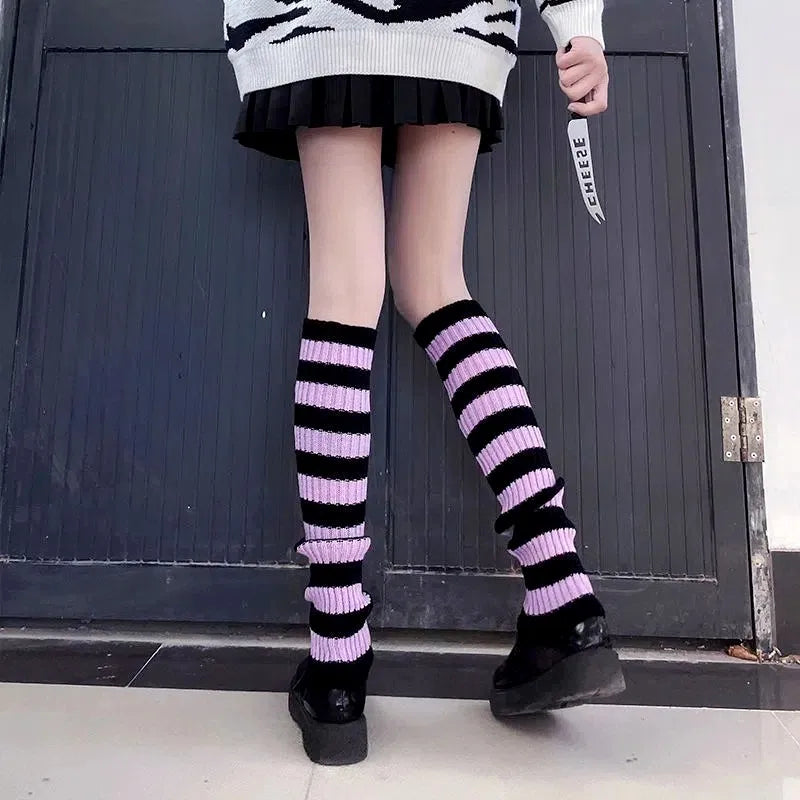 Gothic Women's Striped Leg Warmers Lolita Long Socks Knitted Leggings Japanese Sweets Winter Socks Kawaii Arm Ankle Warmers