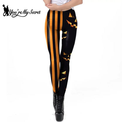 [You're My Secret] Halloween Punk Skull Skeleton Pumpkin 3D Print High Waist Pants 12% Spandex Elastic Sexy Skinny Women Leggins