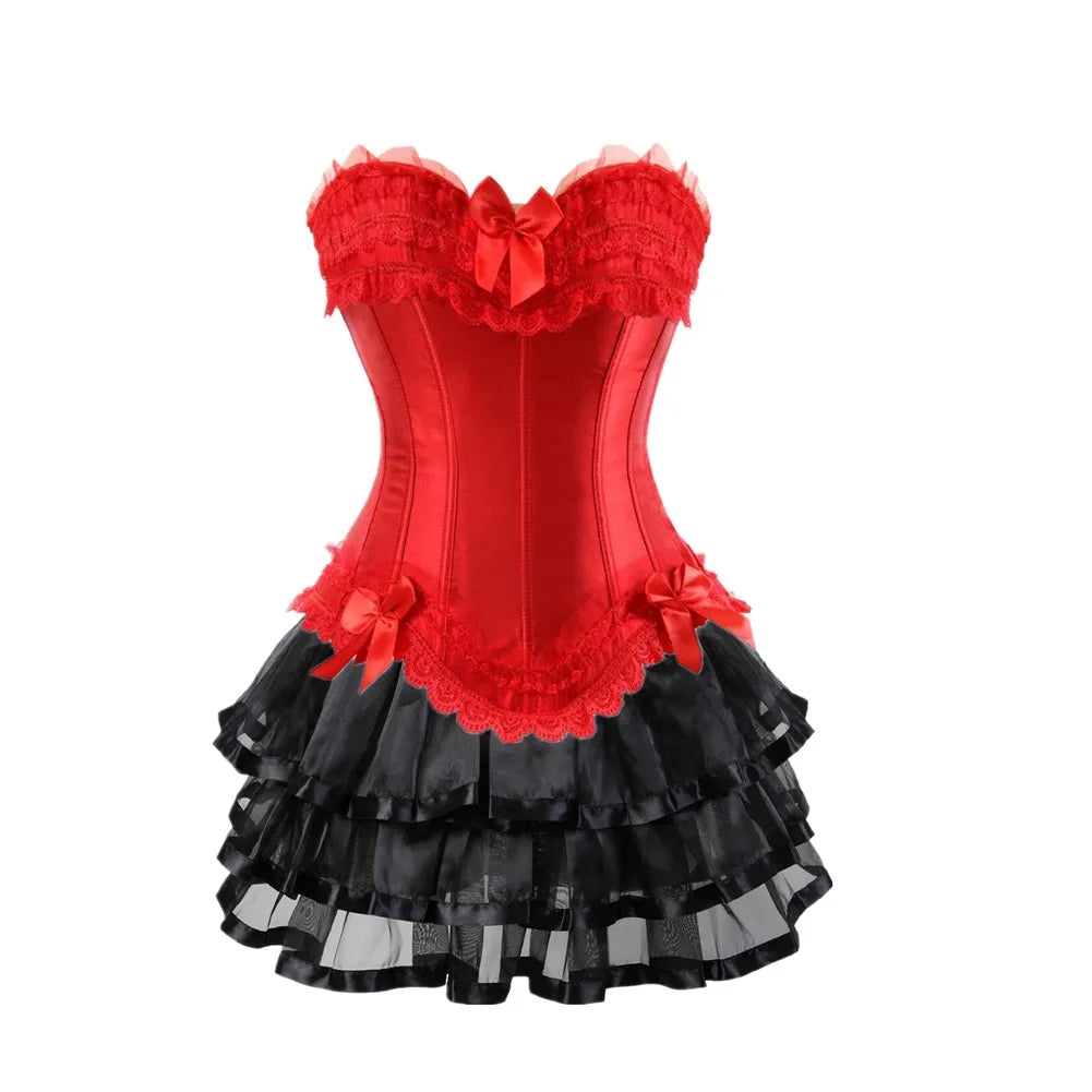 Gothic Corset Tutu Skirt Set Sexy Satin Lace Trim Overbust Corselet Top Women Burlesque Lingerie Bustier Victorian Party Costume