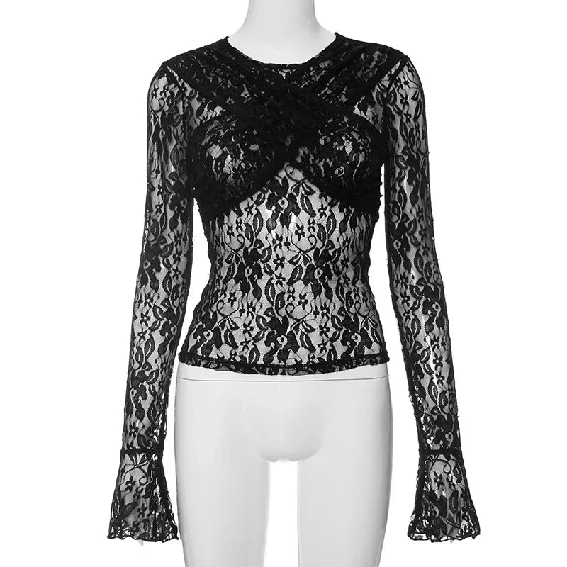 Sexy Goth Black Lace Crochet T-Shirts Women 2024 Fashion Summer 2000s Clothes Y2K Long Sleeve Sheer See Through Slim Tees Ladies