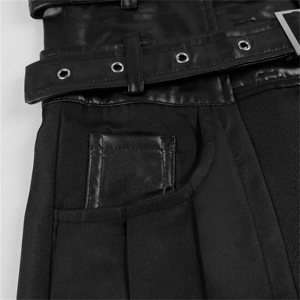 Cosplay Punk Pleated Skirt Men's Gothic Leather Belt Medieval Roman Warrior Kilt Metal Chian Asymmetry Black Halloween Costume