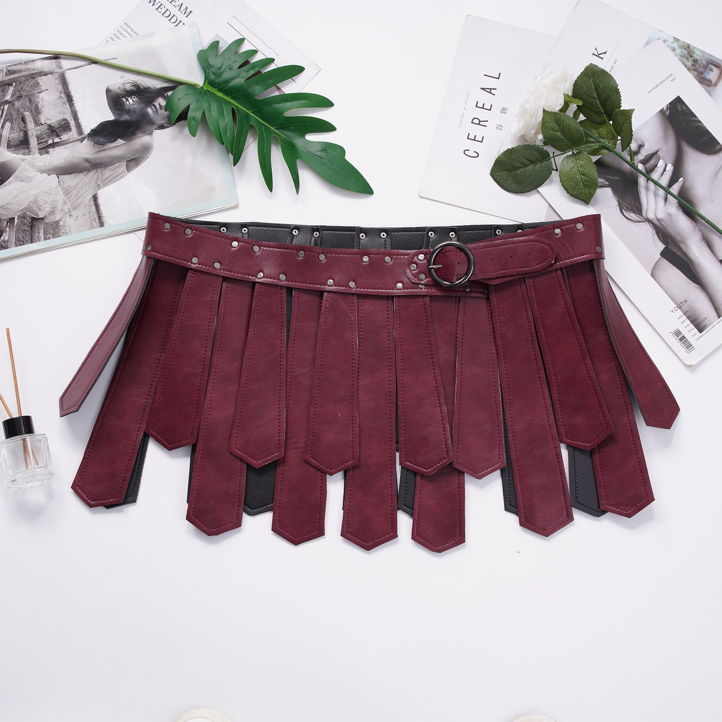 Mens Roman Patent Leather Skirts Medieval Warrior Adjustable Rivets Tassel Waist Belt with Buckle Gladiator Kilt Cosplay Bottoms