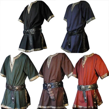 S-6XL Halloween Medieval Costume Viking Pirate Shirt Adult Knight Warrior Tunic Norman LARP Tops Short Sleeve For Men Plus Size