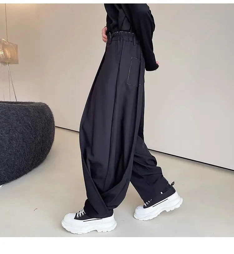 Mens Wide Leg Pants Striped Patchwork Streetwear Elastic Waist Irregular Skirts Trousers Loose Punk Japanese Dark Fighter Pants