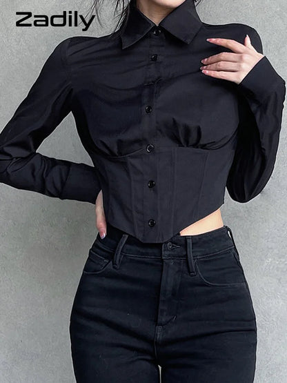 Women's Long Sleeve Folds ZA Shirt, Street Gothic, Slim Button, Ladies Crop Top, Club Blouse, Female Clothing, Summer, New, 2024