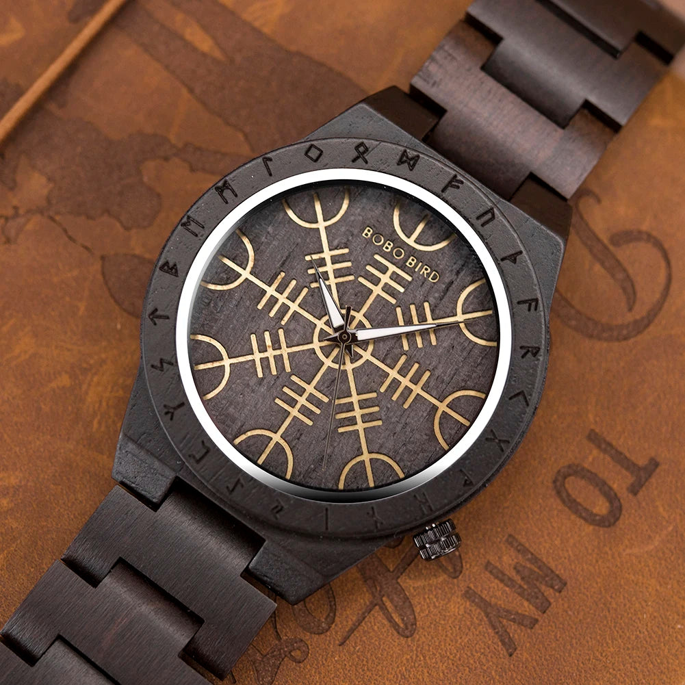 BOBO BIRD Viking Wooden Men Watch with Helm of Awe Unique Runic Circle Vegvisir Valknut Custom Wristwatch Norse Symbol Watches