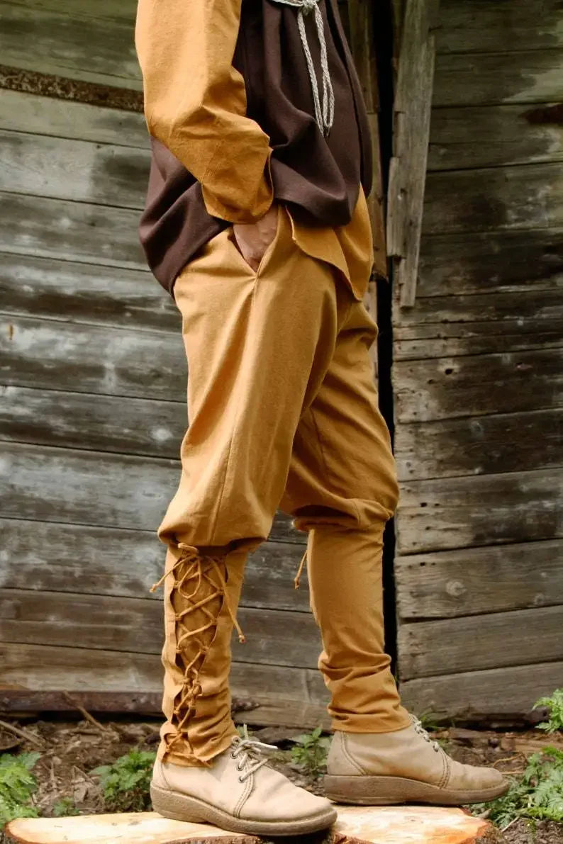 Medieval/Viking Style Washed Cotton Trousers with Side Pockets Elastic Waistband and Lace-up Calf