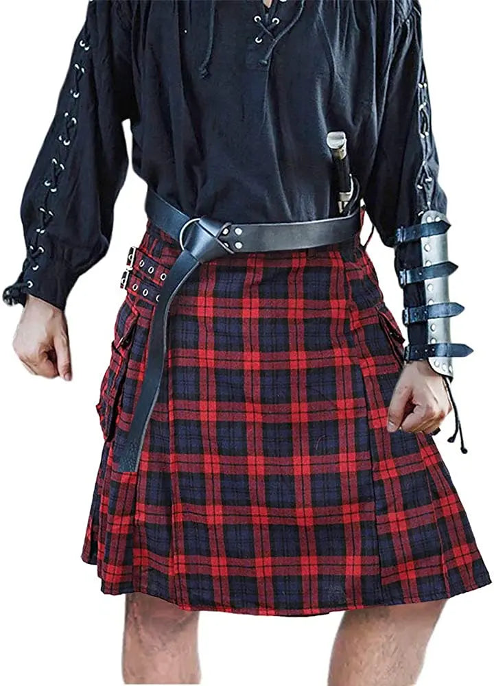 Mens Utility Kilt Pin Scottish Black & Irish Tartan Hybrid Royal Stewart Kilt Pin with Pockets