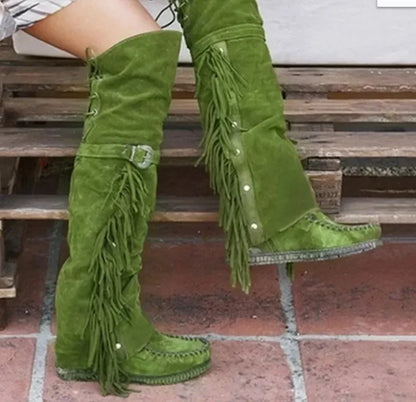 Fashion Bohemia Knee-length Women Boots Ethnic Personality High Boot Tassels Faux Suede Boots Girl Flat Bottom Long Botas Mujer