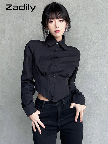 Women's Long Sleeve Folds ZA Shirt, Street Gothic, Slim Button, Ladies Crop Top, Club Blouse, Female Clothing, Summer, New, 2024