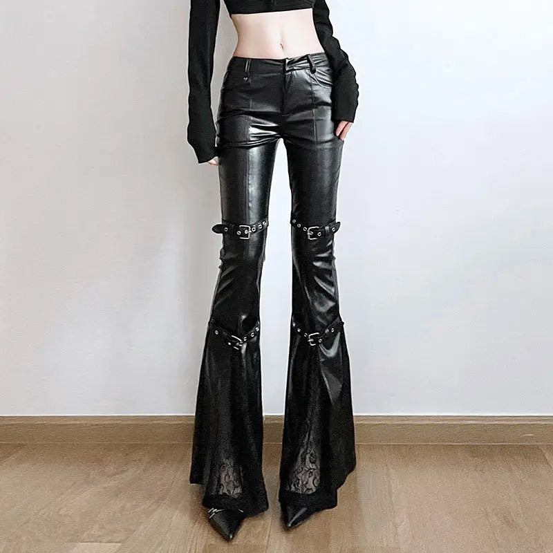 American Spice Girl PU Leather Flare Pant Goth Buckle Lace Patchwork Pants Women Fashion Vintage Aesthetics Slim Leather Pants