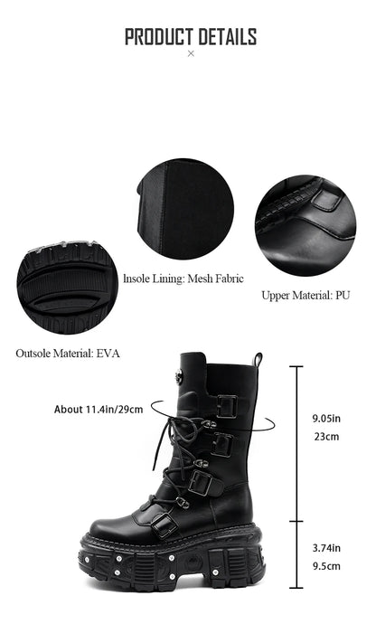 2024 New Brand Punk Style Women Shoes Lace-up Platform Shoes Woman Rock Boots Metal Decor Thick Bottom Street Shot Knight