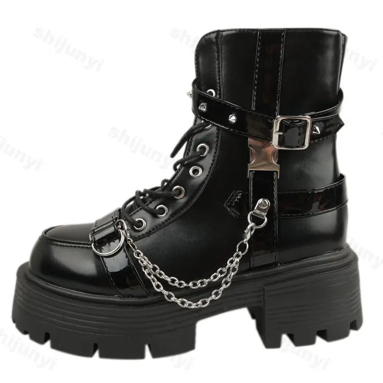 Platform Thick Gothic Boots Lady Buckle Autumn Shoes Women Wedges Ankle Boots Punk Street Cosplay Botas Motorcycle Chain Booties