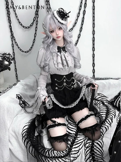 Harajuku Lolita Goth Retro OP Skirt Sets Lantern Long Sleeve Shirt Irregular Skirt Subculture Two Piece Sets Womens Outifits