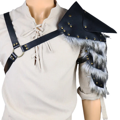 Medieval Fur Cape Shawl Roman Gladiator Leather Shoulder Armor Viking Knight Warrior Pauldrons Renaissance Cosplay Costume