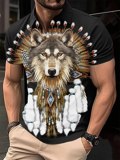 Plus Size Summer Golf Men's Casual Lapel Polo Shirt 3d Wolf Print T-shirt Fashion Clothing Breathable Short Sleeve Top