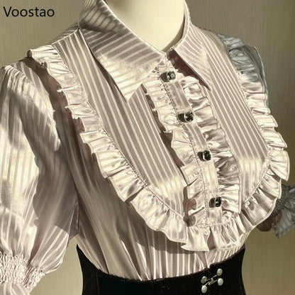 Victorian Gothic Lolita Blouses Women Japanese Y2k Chic Ruffle Striped Tops Vintage Elegant Office Lady Sweet Puff Sleeve Shirts