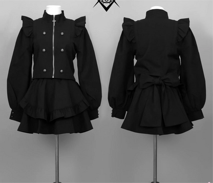 Harajuku Punk Style Japanese Mine Women Autumn Gothic Maid Stand Collar Long Sleeve Zipper Jacket Coat Cute Shirt 2 Piece Suit