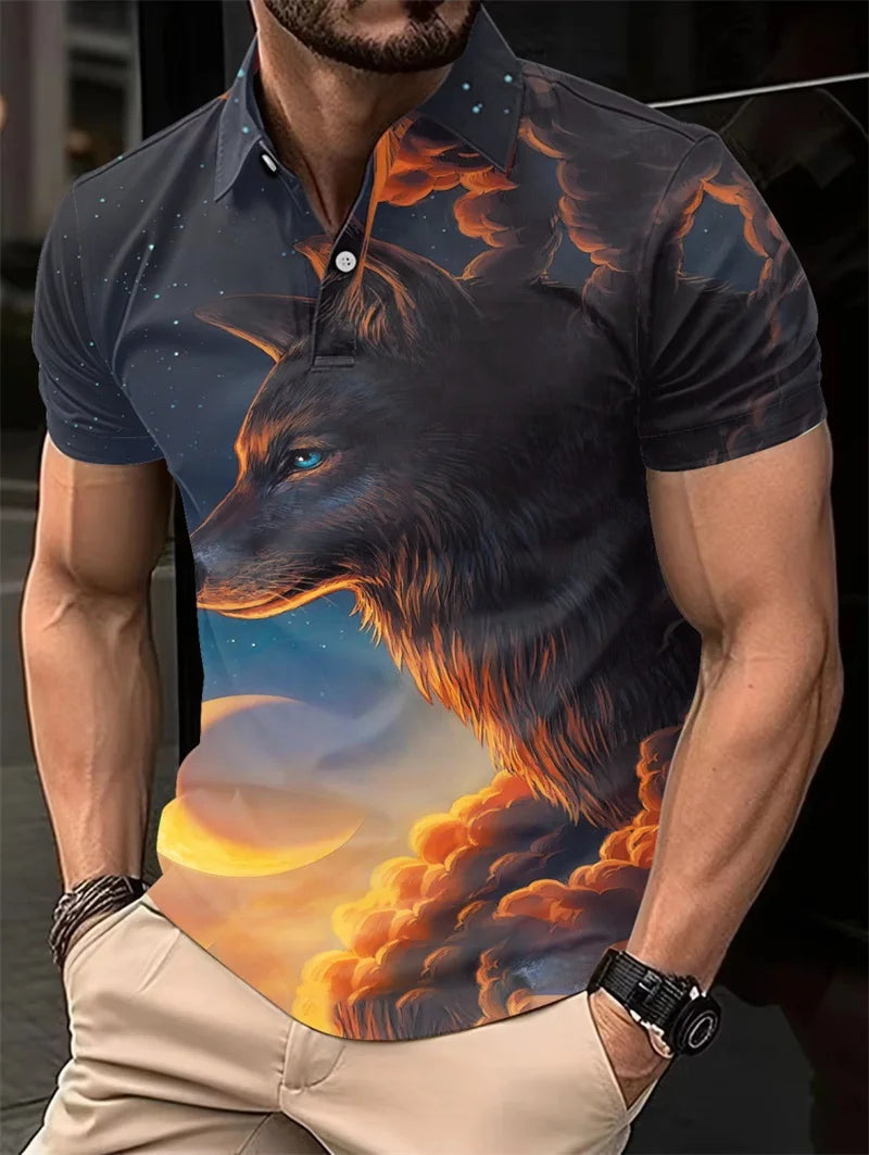 Plus Size Summer Golf Men's Casual Lapel Polo Shirt 3d Wolf Print T-shirt Fashion Clothing Breathable Short Sleeve Top