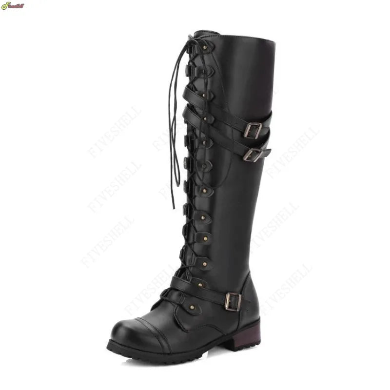 Women Medieval Knee High Boots Autumn Winter Lace Up Flat Shoes Sexy Steampunk PU Retro Buckle Shoes Ladies Snow Boots Cosplay