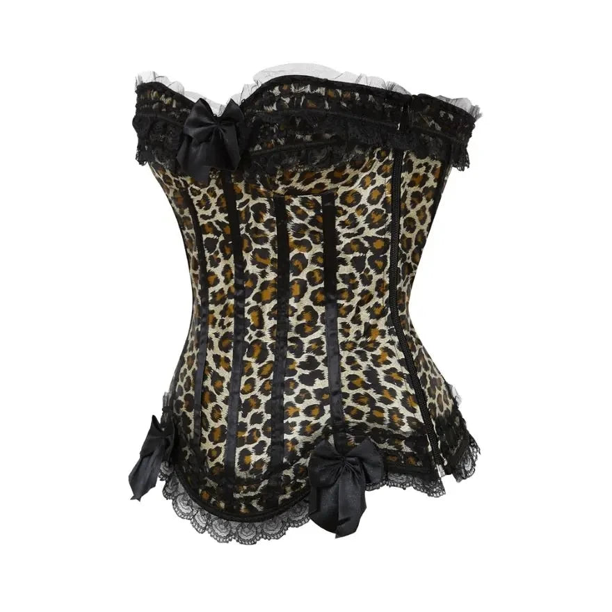 Women Sexy Satin Overbust Corset Top Leopard Lace Bowknot Decorated Bustiers Clubwear Showgirl Body Shaper Lingerie Plus Size