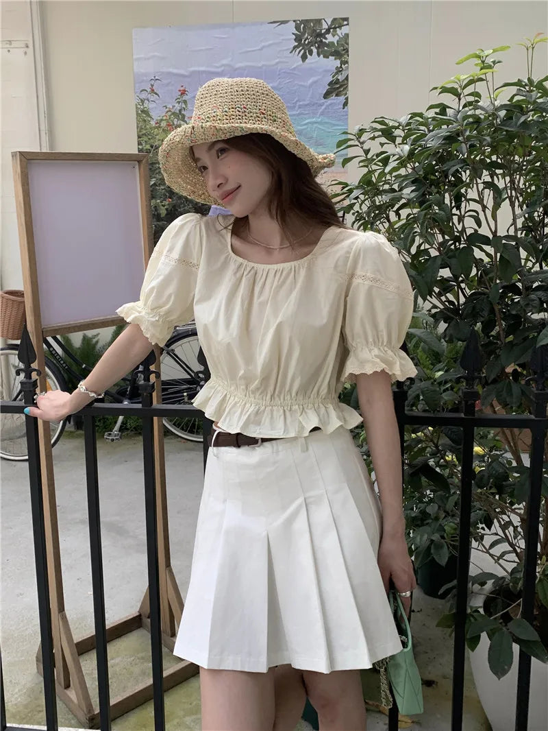 Lantern Sleeve White Ruffles Slash Neck Short Sweet Lolita Shirt Women Victorian Gothic Ladies Top Steampunk Vintage Clothes