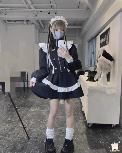 Harajuku Punk Style Japanese Mine Women Autumn Gothic Maid Stand Collar Long Sleeve Zipper Jacket Coat Cute Shirt 2 Piece Suit