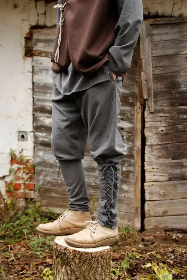 Medieval/Viking Style Washed Cotton Trousers with Side Pockets Elastic Waistband and Lace-up Calf