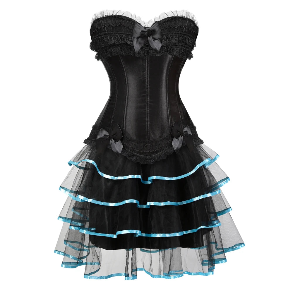 Gothic Corset Tutu Skirt Set Sexy Satin Lace Trim Overbust Corselet Top Women Burlesque Lingerie Bustier Victorian Party Costume