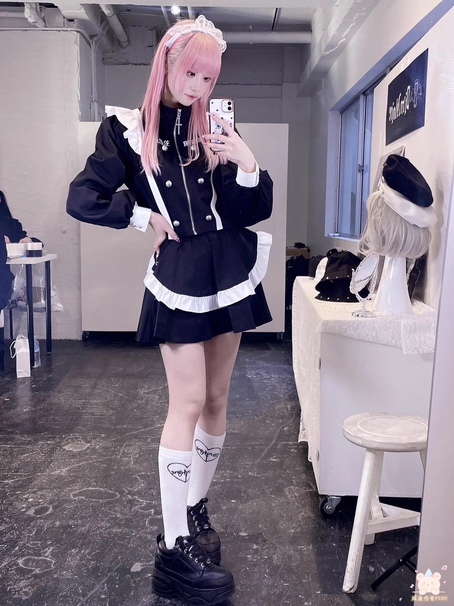 Harajuku Punk Style Japanese Mine Women Autumn Gothic Maid Stand Collar Long Sleeve Zipper Jacket Coat Cute Shirt 2 Piece Suit