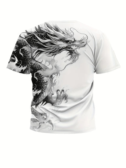 Men's Dragon Print T-Shirt Casual Breathable Fabric Graphic Tee Street Style Outdoor Fashion Short Sleeve Shirt Mens Tshirts