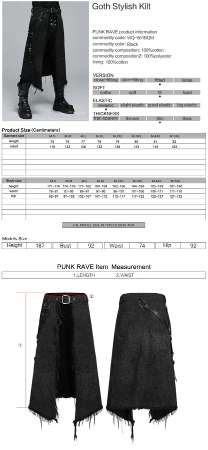 PUNK RAVE Men's Gothic Dark Textured Printed Stylish Kilt Decorated Which Is Detachable Leather Loop Party Club Men Skirts Pants