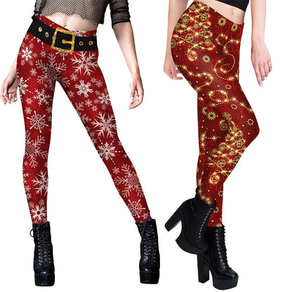 [You're My Secret] Christmas Sexy Leggings for Women Snowflake Print Holiday Party Pants Female Funny Elastic Tights Trousers