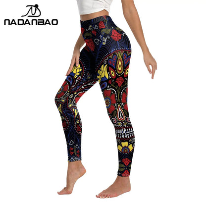 Nadanbao Women's Leggings Gothic Style Skull Totem Print 3D Printed High Waisted Casual Elastic Leggings Yoga Sports Trousers