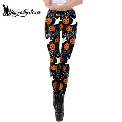 [You're My Secret] Halloween Punk Skull Skeleton Pumpkin 3D Print High Waist Pants 12% Spandex Elastic Sexy Skinny Women Leggins