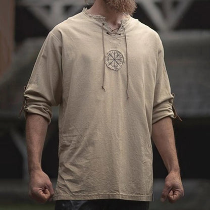 Men t-shirts Unique Design Vintage Linen Tops Ancient Viking Embroidery Lace Up V Neck Long Sleeve T-Shirt Top футболка оверсайз