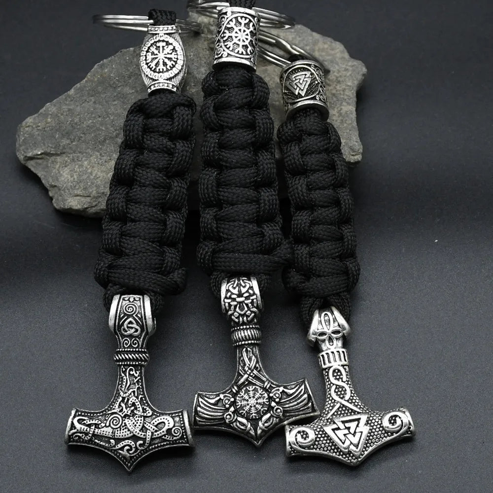 1Pcs Thor Hammer Mjolnir Valknut Trinity Compass Amulet Jewelry Viking Runes Beads Handmade Paracord Keychain For Men Women