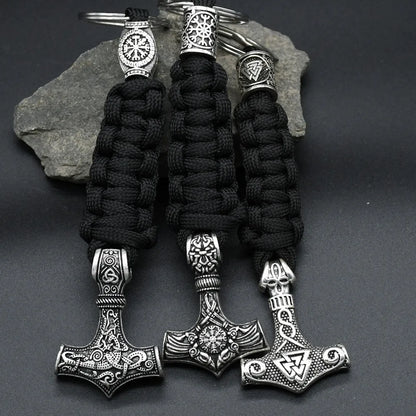 1Pcs Thor Hammer Mjolnir Valknut Trinity Compass Amulet Jewelry Viking Runes Beads Handmade Paracord Keychain For Men Women